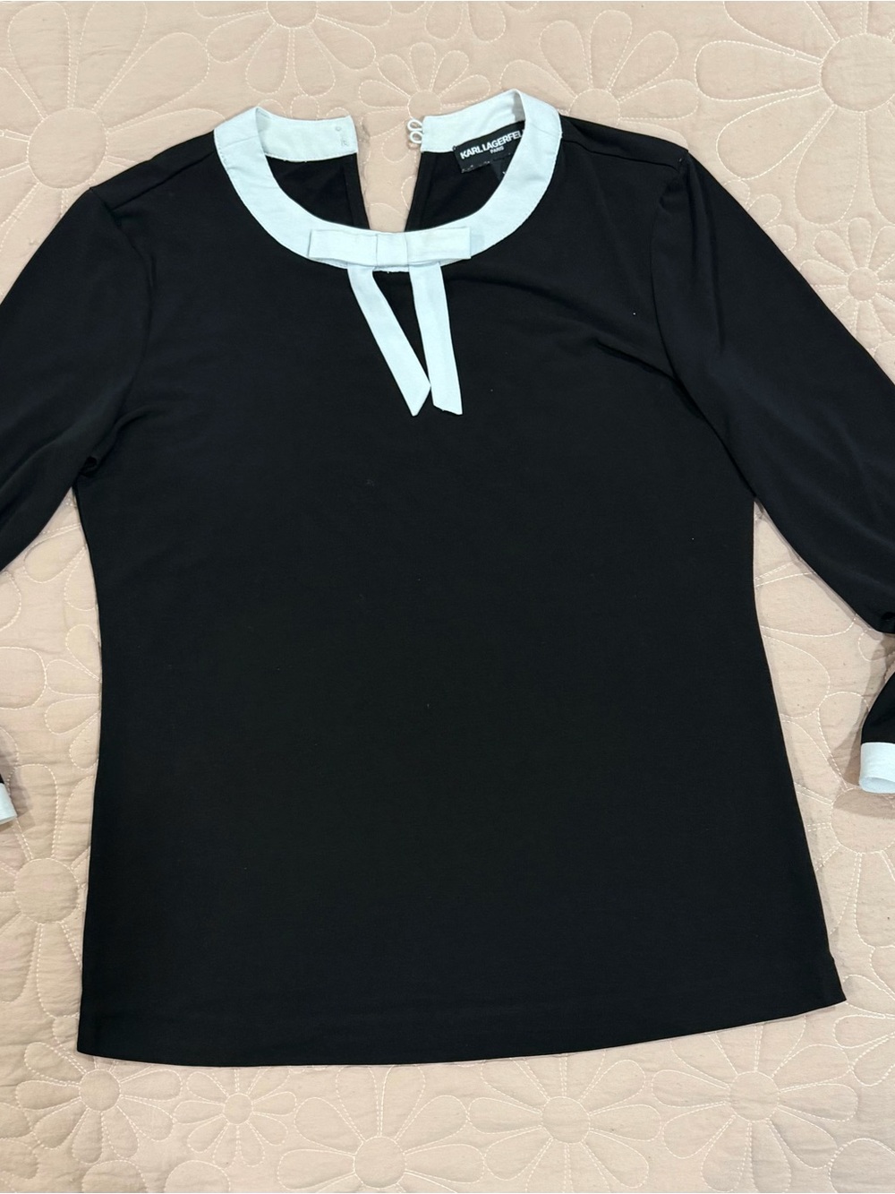 Karl Lagerfeld Black 3/4-Sleeve Top with White Trim and Tie-Neck